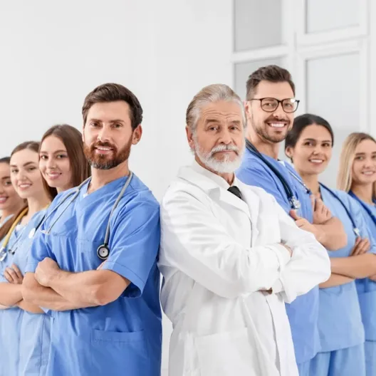 Mavi formalı sağlık personeli ve beyaz önlüklü doktordan oluşan medikal ekip