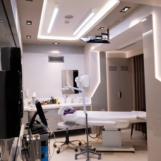 Aydınlık ve modern tedavi odası: tedavi koltuğu, büyüteçli lamba ve cihazlar